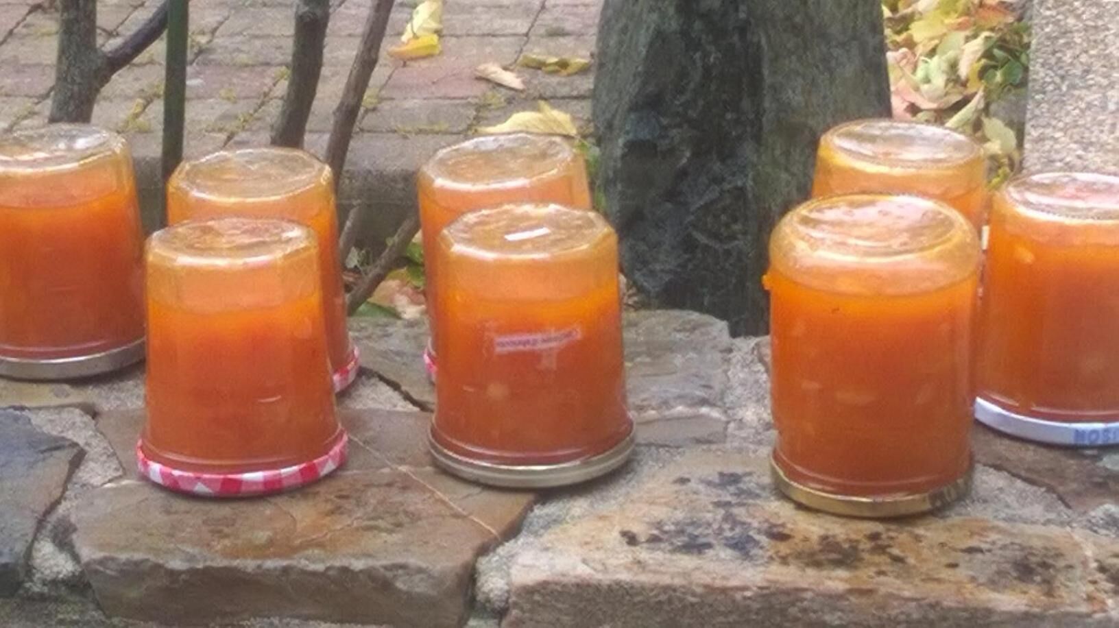 Several glass jars with a red liquid, placed on a stone surface outdoors.