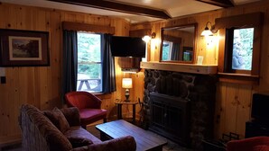 Una habitación acogedora con paredes de madera, una chimenea de piedra, un televisor y un rincón de estar cómodo con una silla roja y un sofá.
