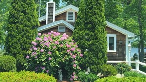 A house with a number 10 sign, surrounded by lush greenery and flowering bushes. - Charming cottage on the water with beautiful views (Lakeville)