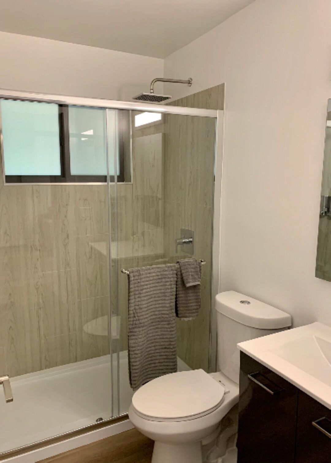 Shower, towels, soap, shampoo