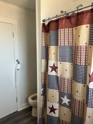 Combined shower/bathtub, hair dryer, towels, soap