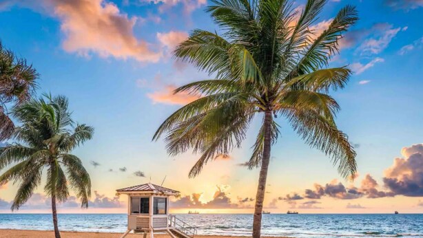 A beach with a lifeguard tower, palm trees, and the ocean. - Fort Lauderdale Beach Flats #6 - Centrally Located! (Fort Lauderdale)