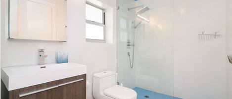 A modern bathroom with a glass-enclosed shower, a white toilet, and a vanity with a mirror and sink.
