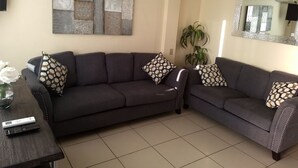 A living room with two dark sofas, patterned cushions, a coffee table, a vase with flowers, an air conditioner, and a decorative mirror. - Beautiful House on 2nd Floor (Close to the airport!)  (Tijuana)