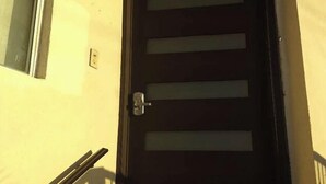 A modern door with horizontal frosted glass panels and a metal handle. - Beautiful House on 2nd Floor (Close to the airport!)  (Tijuana)