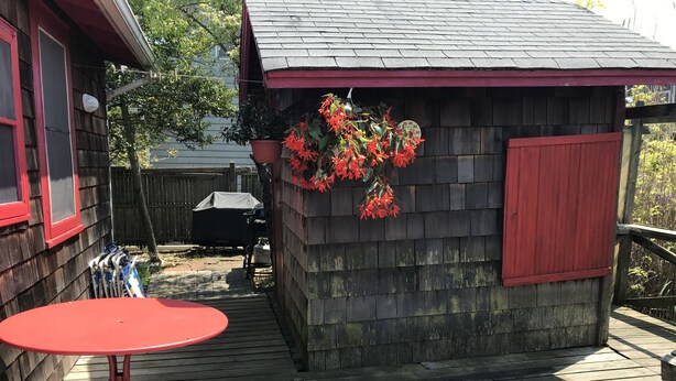 A wooden deck with a red table and chairs, a small shed with a red door, and hanging red flowers. - Airy Wooden Beach House with Big Private Deck, close to Atlantic Ocean Beach or gentler bay swimming.  (Fire Island)