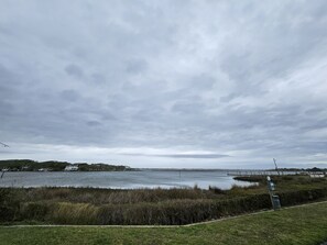 A coastal landscape with a grassy foreground, a body of water, and a distant shoreline with buildings.