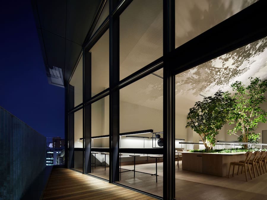 Um interior moderno com janelas amplas, piso de madeira e um espaço de estar com uma planta.