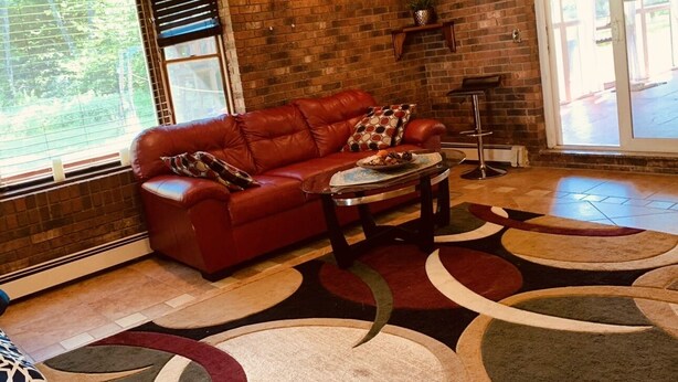 Ein Wohnzimmer mit einem roten Ledersofa, einem Couchtisch und einem gemusterten Teppich.