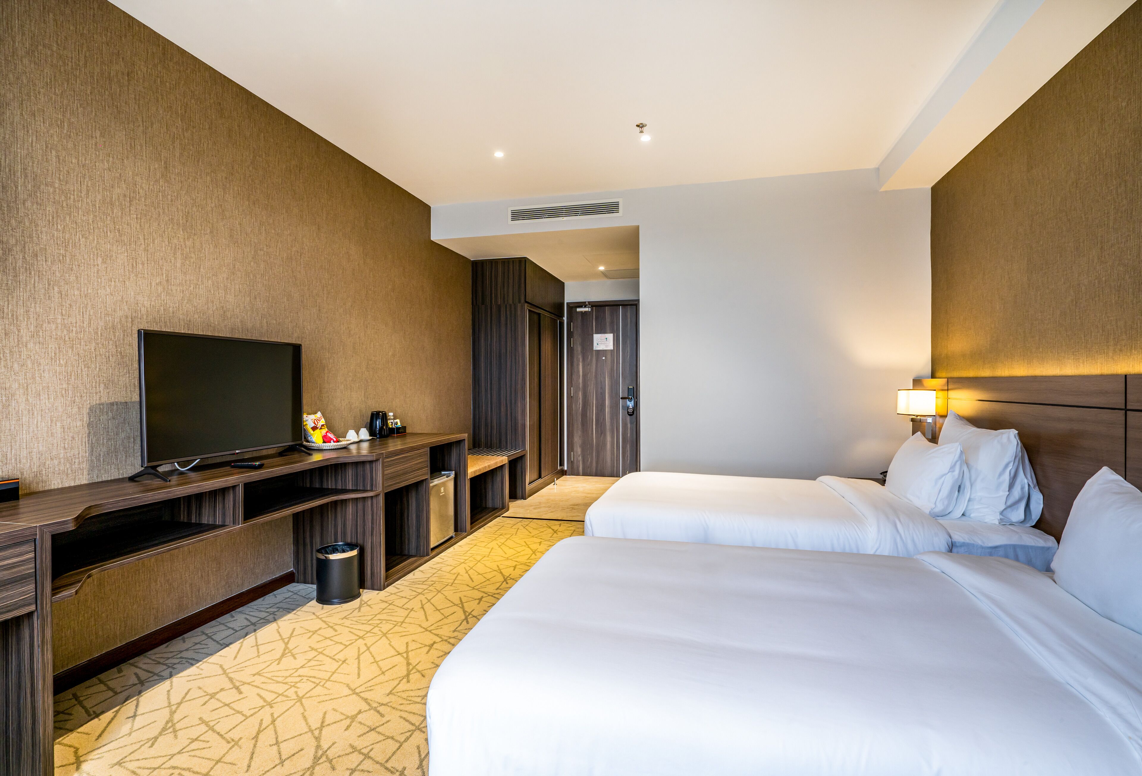 Habitación de hotel con dos camas, un televisor, un escritorio y un cesto de basura.