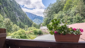 Un balcon avec une plante en pot, une vue sur les montagnes et un bâtiment en arrière-plan.