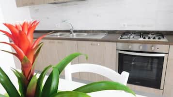 Een koelkast, een oven, een kookplaat, een koffiezetapparaat/waterkoker