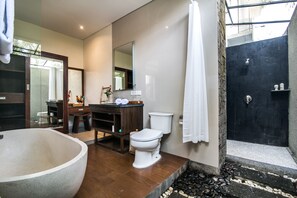 Villa, Private Pool | Bathroom | Separate tub and shower, free toiletries, hair dryer, bathrobes