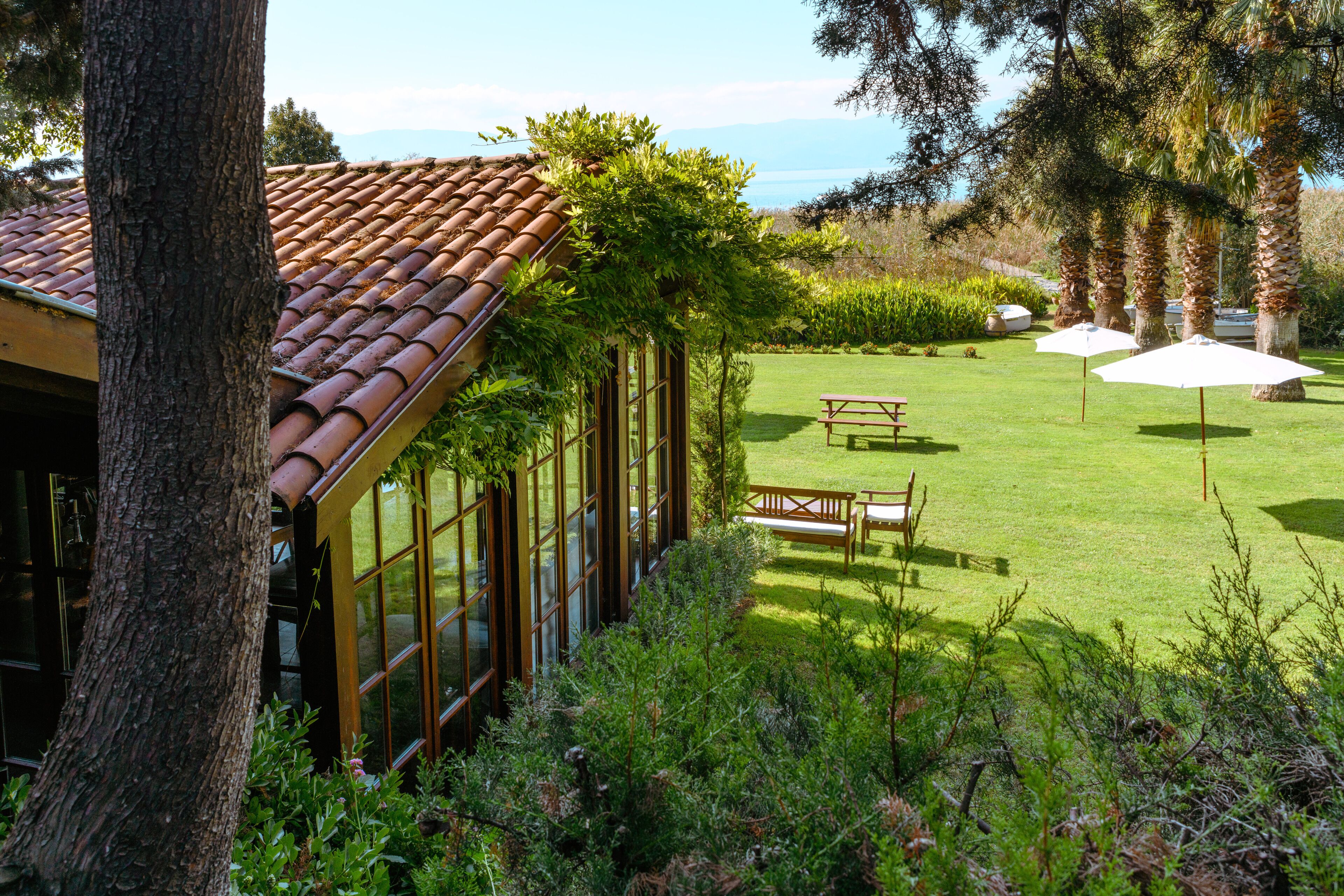 A house with a tiled roof, large windows, and a lawn with a bench and umbrella.