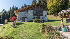 A stone building with a wooden roof, surrounded by a grassy area and trees. - Holiday Home “Baita dai Cotai” in Fantastic Scenery with Mountain View (Porte di Rendena)