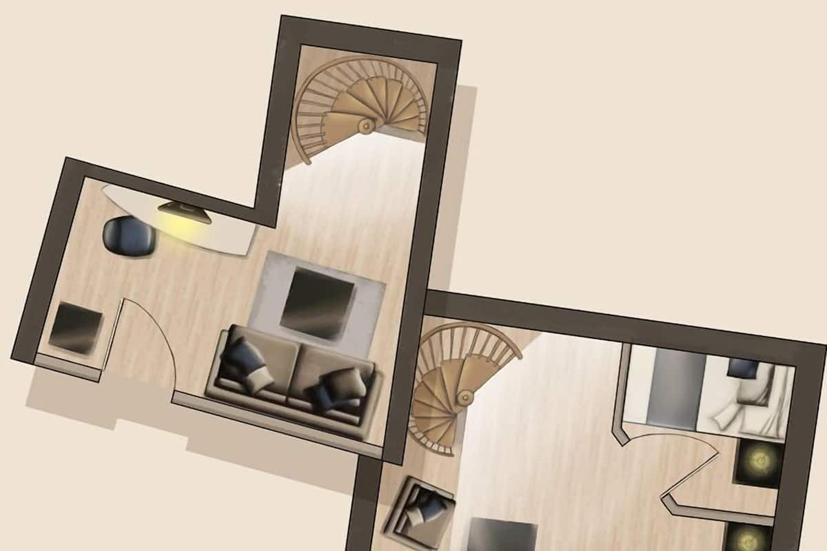 Planta baixa em 3D de um quarto de hotel, com sala de estar, quarto separado, banheiro e uma pequena varanda.