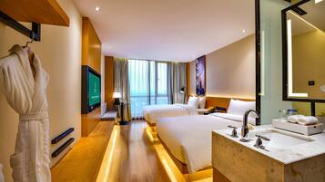 Down comforters, desk, free WiFi, bed sheets