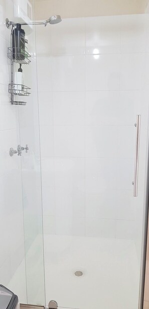 Douche, séchoir à cheveux, serviettes fournies, savon