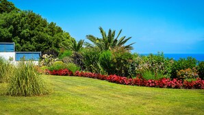 A well-maintained garden with a variety of plants and flowers, a clear blue sky, and a view of the sea. - Aries Villas | Villa Sagittarius – Private Pool & Aegean Sea Views (Skiathos)