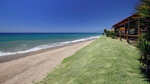 A beachside property with a grassy lawn, a wooden structure with large windows, and a view of the ocean. - AMAZING DUPLEX NEXT TO THE BEACH IN MARBELLA (Marbella)