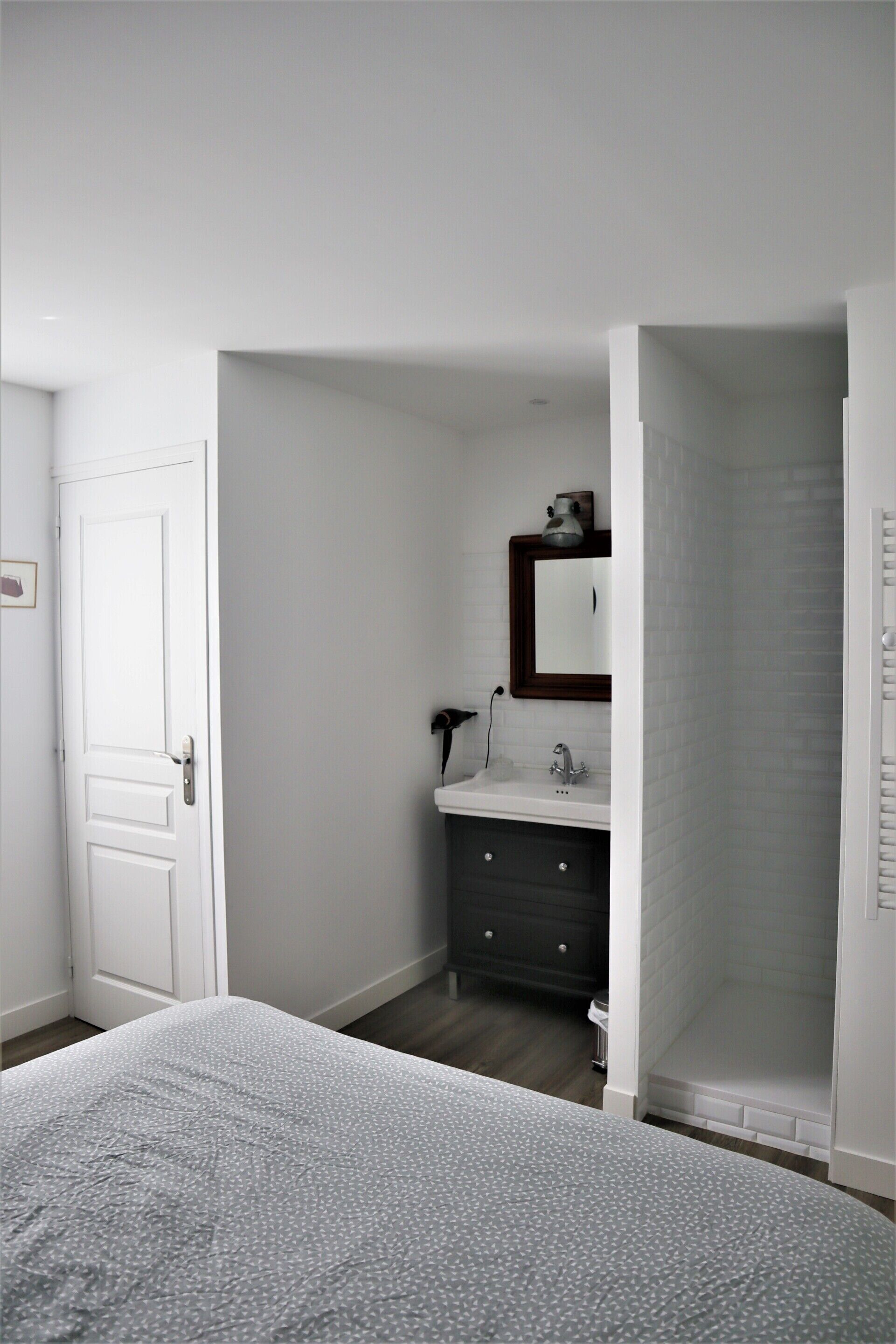 Un dormitorio con cama, una puerta blanca, un baño con lavamanos y espejo, y una zona de ducha.