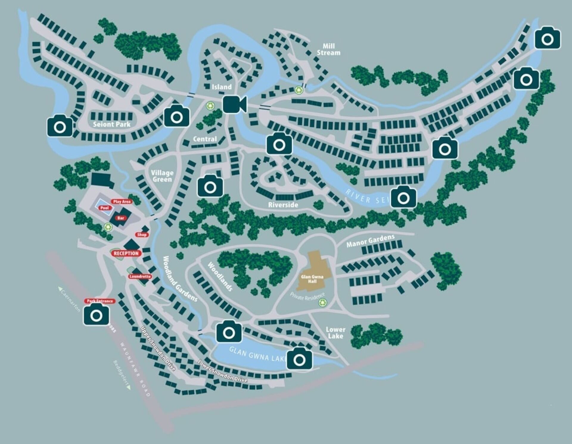 A map of a resort with labeled areas like Seiont Park, Central, and Manor Gardens.