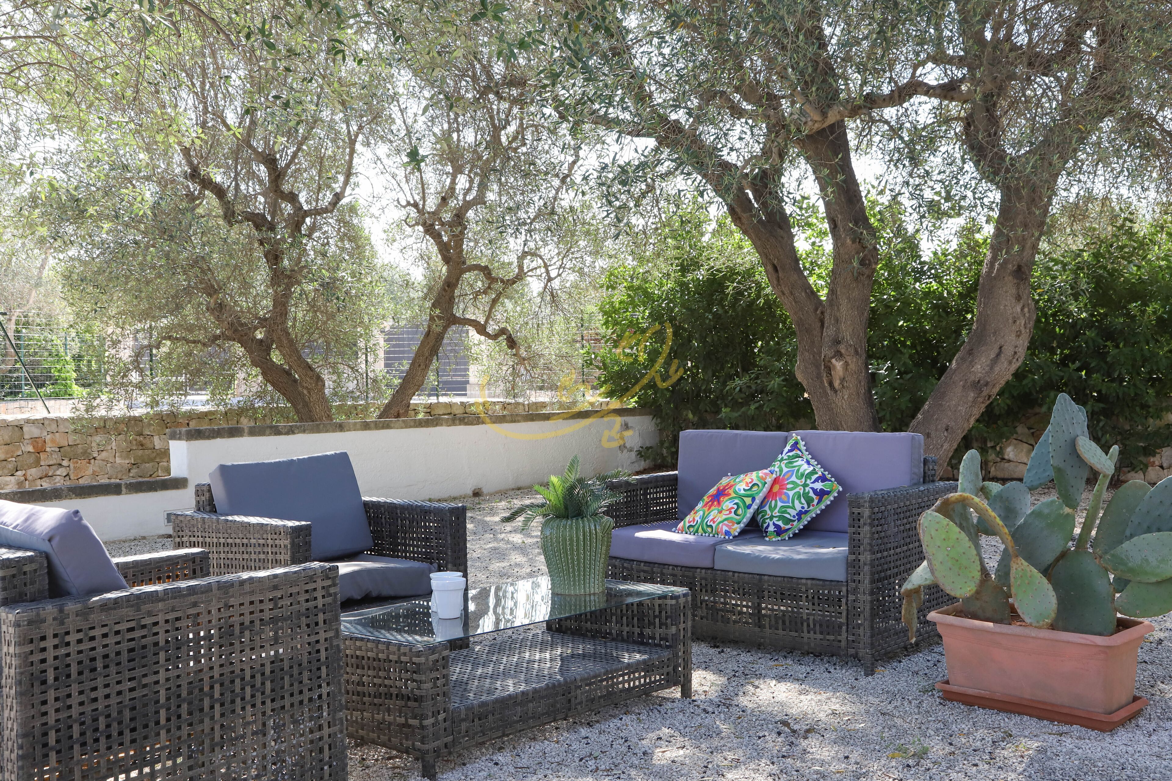 An outdoor seating area with wicker furniture, a cactus plant, and trees in the background.