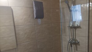 A modern bathroom with a glass shower enclosure, a white sink, and a toilet.