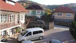 A residential area with a paved driveway, a parked van, and houses with distinct architectural styles.