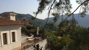 A villa with a pool, surrounded by cacti and pine trees, overlooking a mountainous landscape. - Fig Tree Villa, private pool & whirl pool, seclusion, privacy, spectacular views (Marmaris)