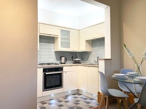 Fridge, microwave, oven, toaster