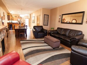 Smart TV, fireplace, books