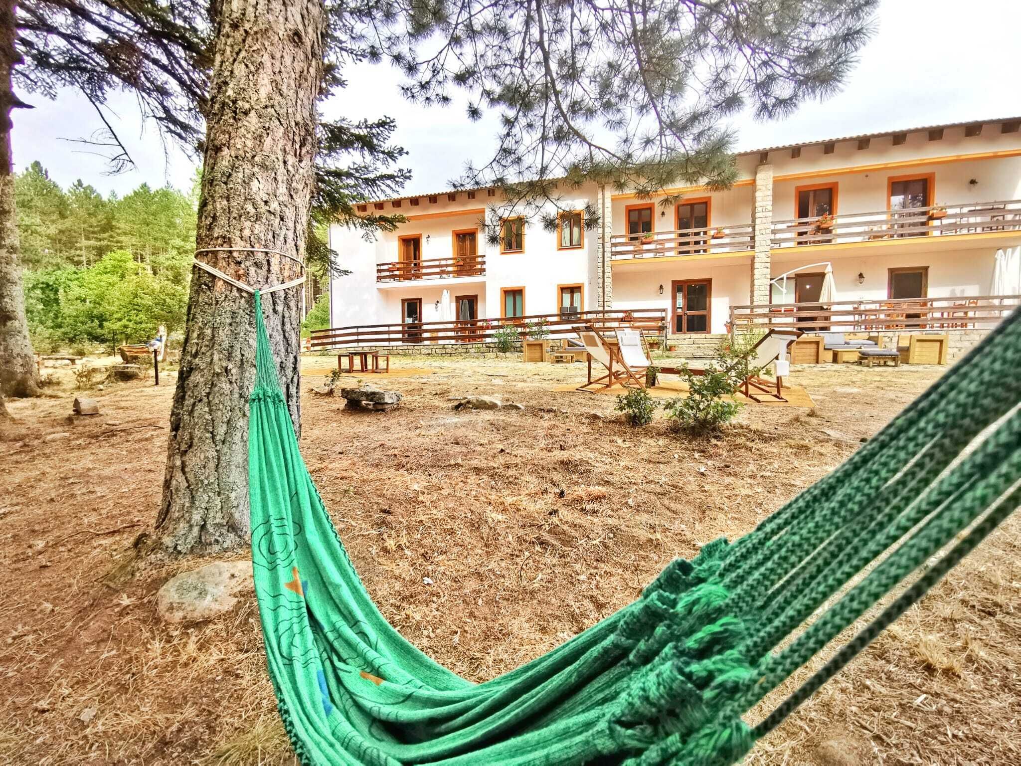 Una hamaca atada entre árboles frente a un edificio con balcones y terraza.