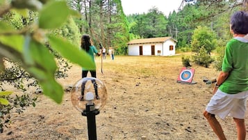 Target practice area with a suspended ball and a small building in the background.