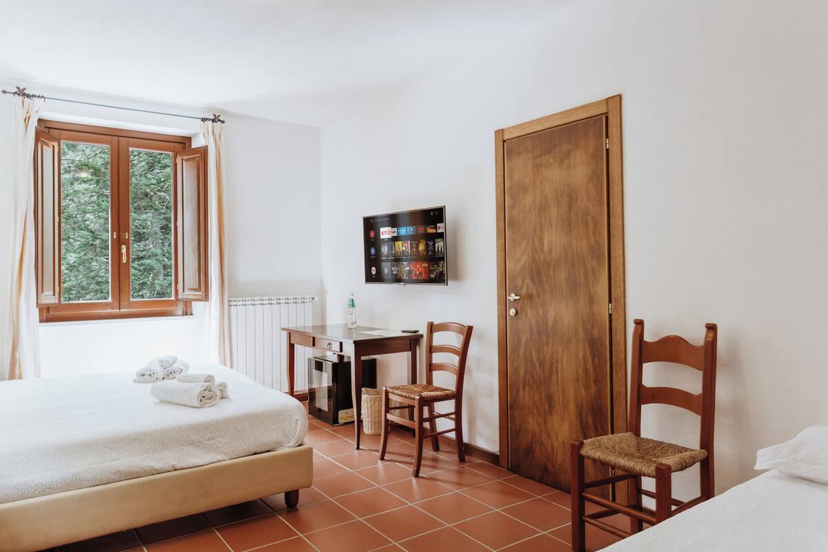 Une chambre d’hôtel comprenant un lit, un bureau, une chaise, une télévision et une armoire.