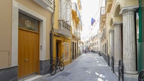 A cobblestone street lined with historic buildings, a bicycle parked by the side, and a flag in the background. - COLON15 Family Home by Cadiz4Rentals (Cádiz)