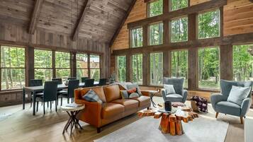 Smart TV, fireplace, books, computer monitors