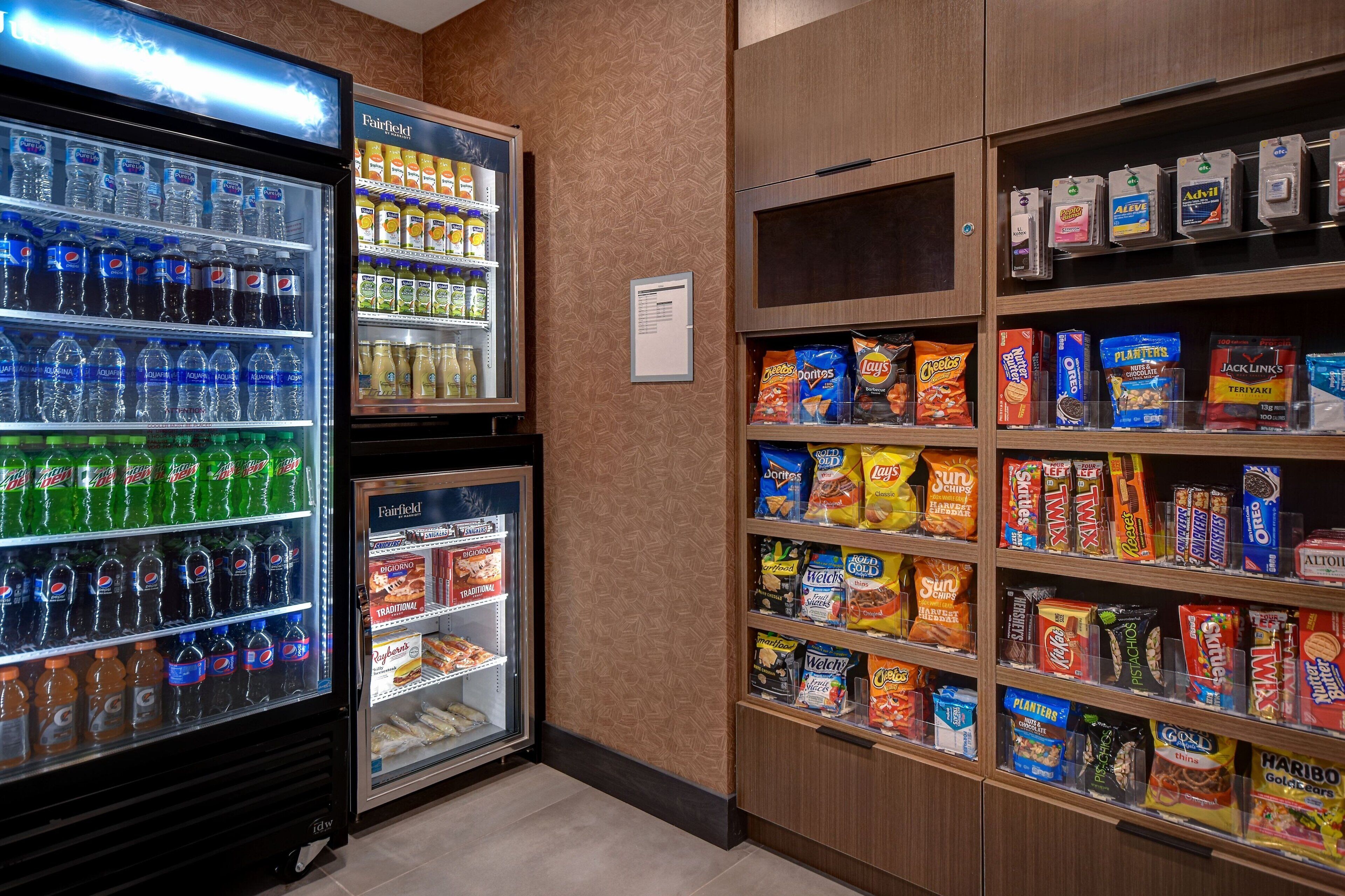 A vending area with Pepsi, water, and Fairfield ice cream.