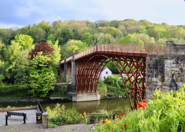 A historic iron bridge over a river, surrounded by lush greenery and a white building in the background.