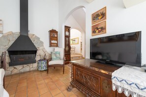 Fernseher, Kamin, DVD-Player, Bücher