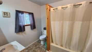 Combined shower/bathtub, hair dryer