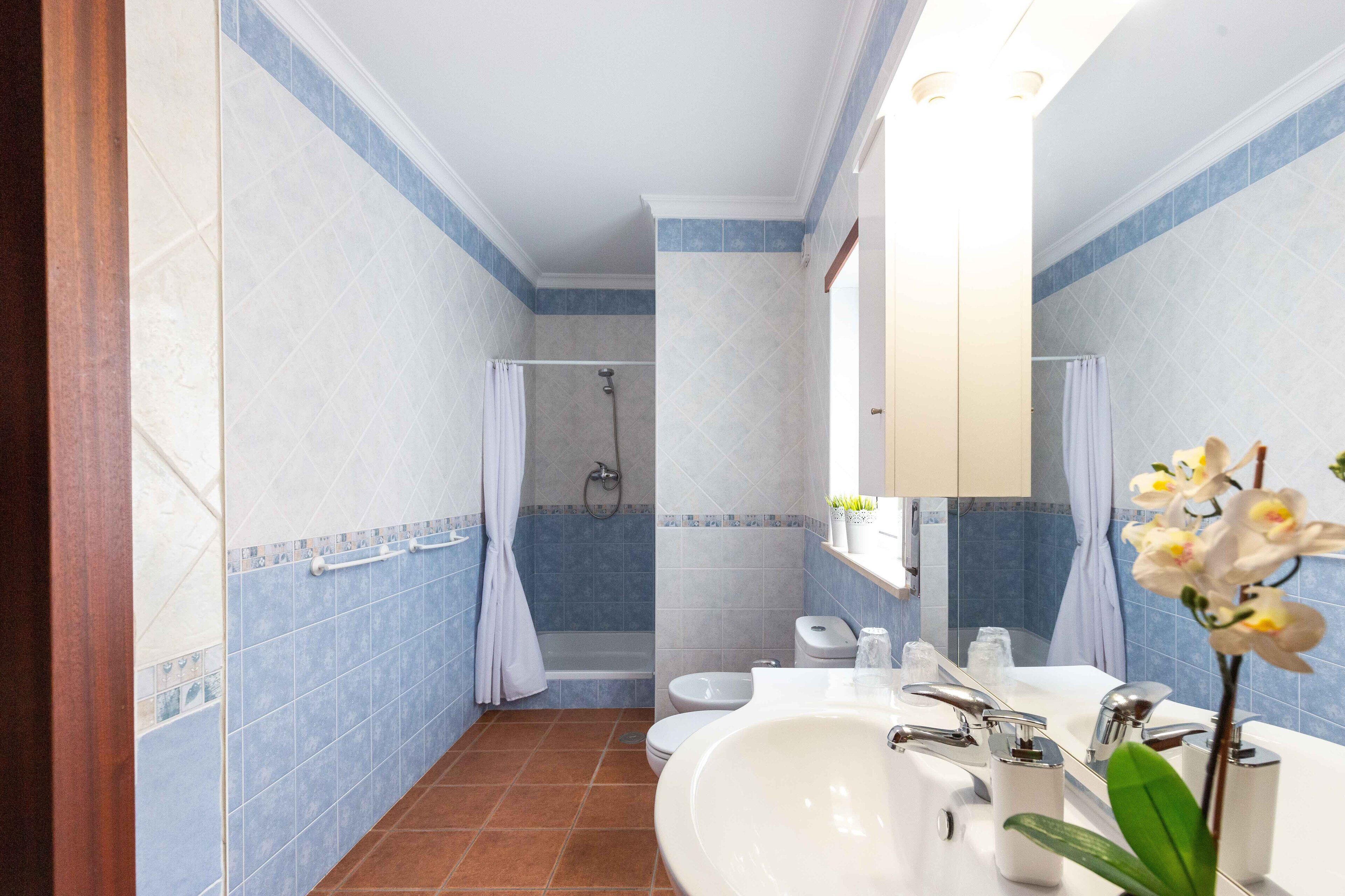 Une salle de bain avec un grand lavabo, un miroir et une douche.