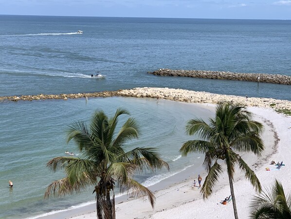 Una playa con palmeras, un rompeolas rocoso y un bote en el agua.