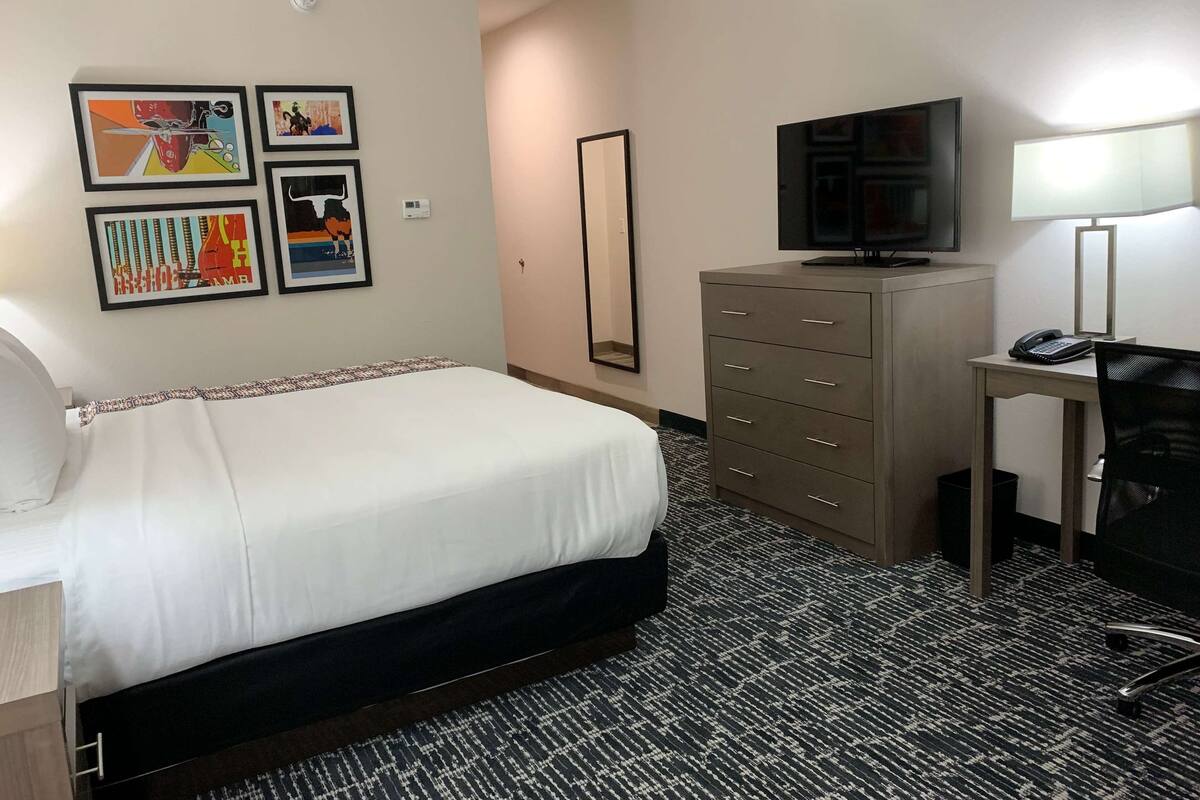 A hotel room with a bed, a desk with a chair, a television, a mirror, and artwork on the wall.