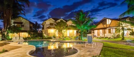 Outdoor pool, pool umbrellas, pool loungers
