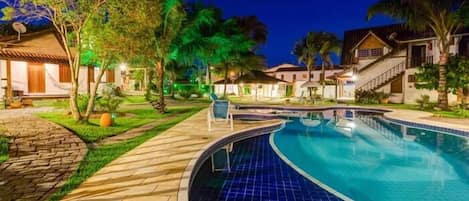 Outdoor pool, pool umbrellas, pool loungers