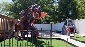 A dinosaur-themed play area with artificial grass, a wooden fence, and a white wall in the background. - ★Dragon’s Lair★Private Home w/ Arcade & Minigolf★ (Westerville)