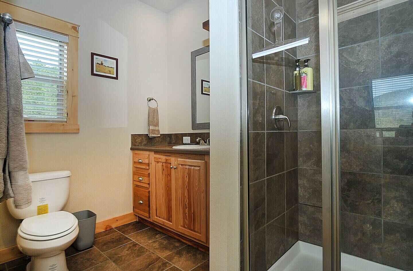 A bathroom with a toilet, wooden cabinets, a sink, and a shower area.