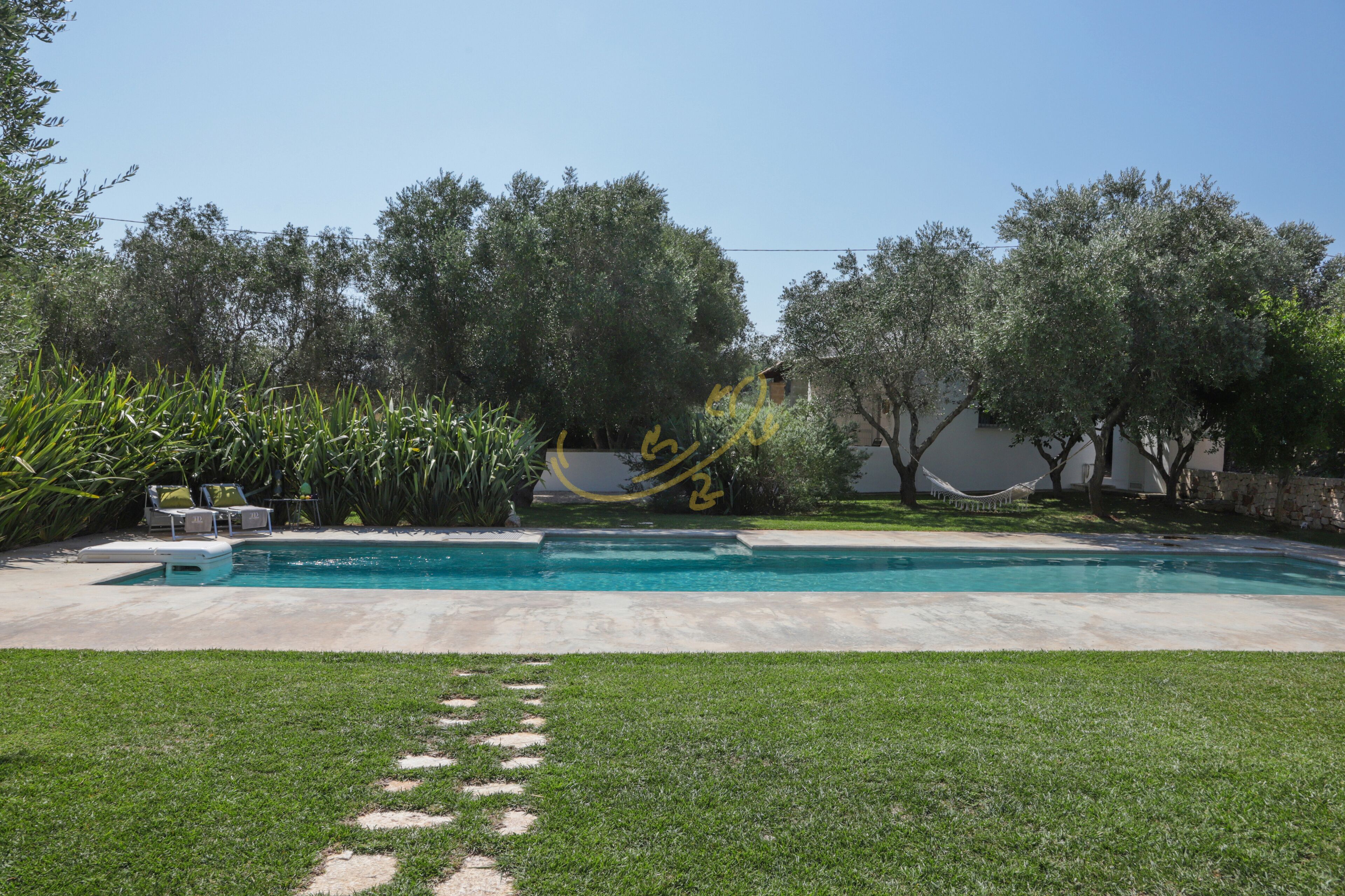 Une piscine avec une pelouse devant, entourée d’arbres et de plantes.