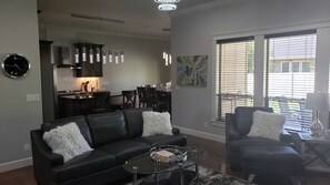 Smart TV, fireplace, books, offices